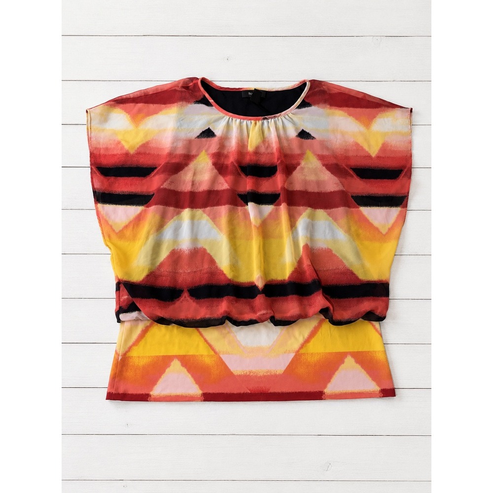 Style & co Womens XL Blouson Top Red Yellow Abstract Geometric Layered Chiffon